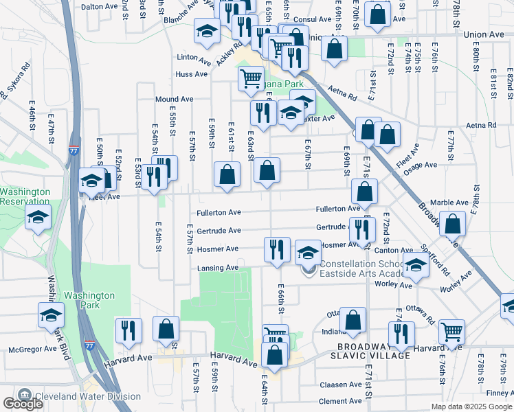 map of restaurants, bars, coffee shops, grocery stores, and more near 6211 Fullerton Avenue in Cleveland