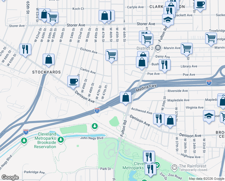 map of restaurants, bars, coffee shops, grocery stores, and more near 3632 West 46th Street in Cleveland
