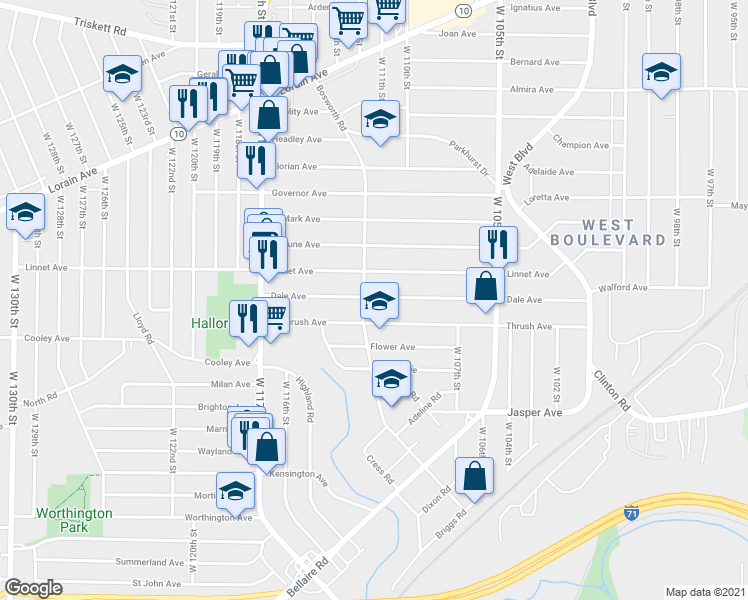 map of restaurants, bars, coffee shops, grocery stores, and more near 11020 Dale Avenue in Cleveland