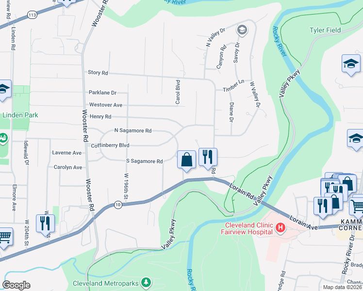 map of restaurants, bars, coffee shops, grocery stores, and more near 19233 Coffinberry Boulevard in Fairview Park