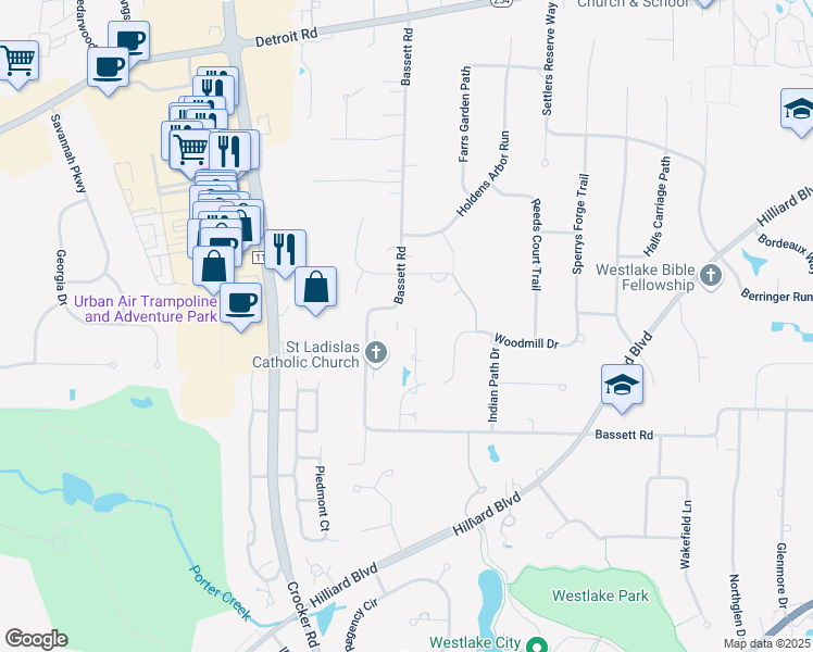 map of restaurants, bars, coffee shops, grocery stores, and more near 2272 Windward Drive in Westlake