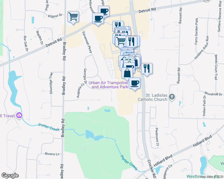 map of restaurants, bars, coffee shops, grocery stores, and more near 2335 Georgia Drive in Westlake