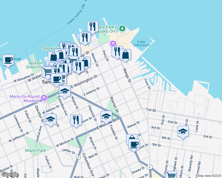 map of restaurants, bars, coffee shops, grocery stores, and more near 419 Perry Street in Sandusky
