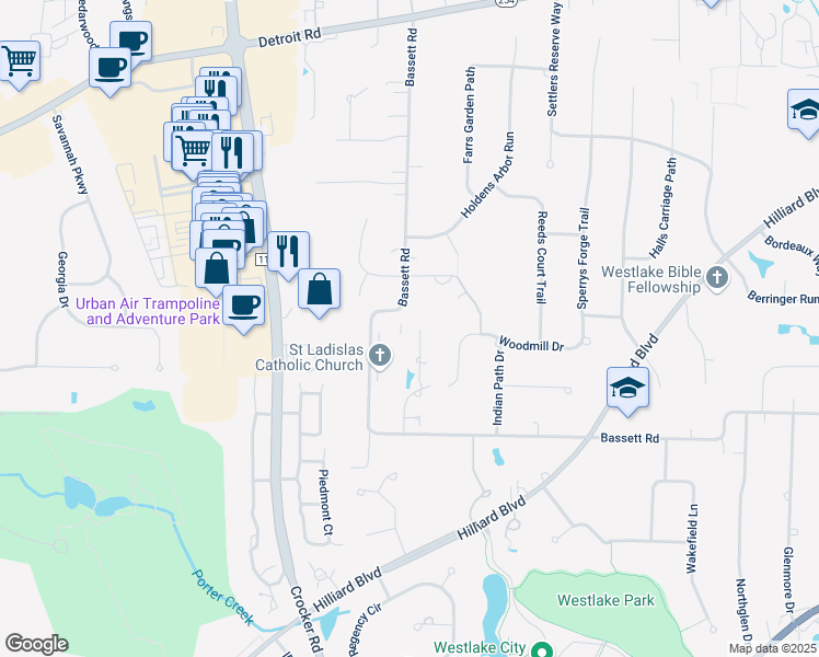 map of restaurants, bars, coffee shops, grocery stores, and more near 2272 Windward Drive in Westlake