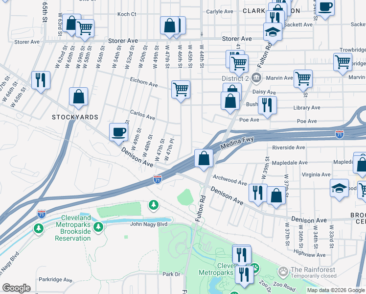 map of restaurants, bars, coffee shops, grocery stores, and more near 3632 West 46th Street in Cleveland