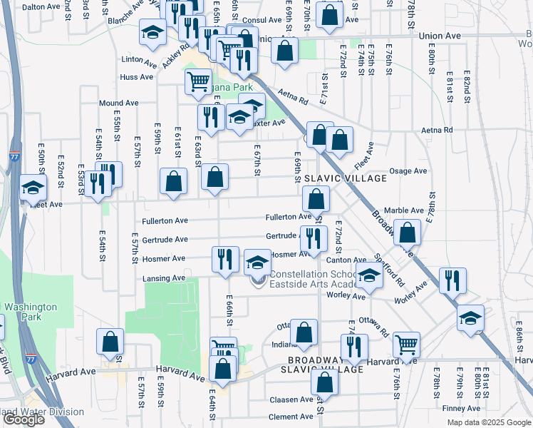 map of restaurants, bars, coffee shops, grocery stores, and more near 6729 Fullerton Avenue in Cleveland