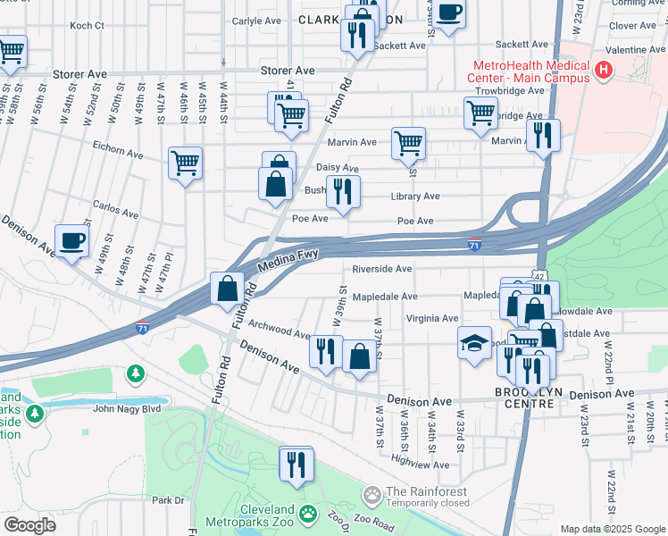 map of restaurants, bars, coffee shops, grocery stores, and more near 3910 Riverside Avenue in Cleveland
