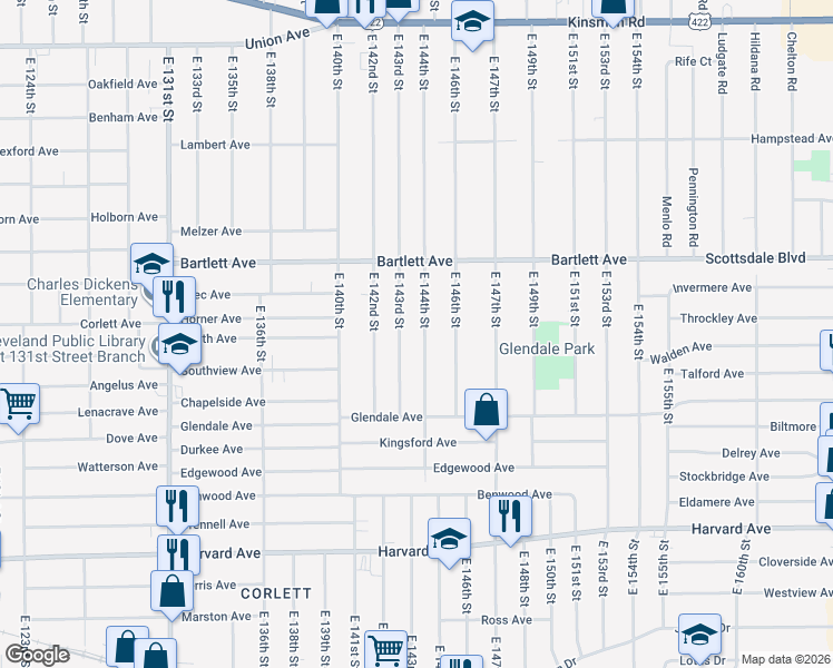 map of restaurants, bars, coffee shops, grocery stores, and more near 3817 East 143rd Street in Cleveland