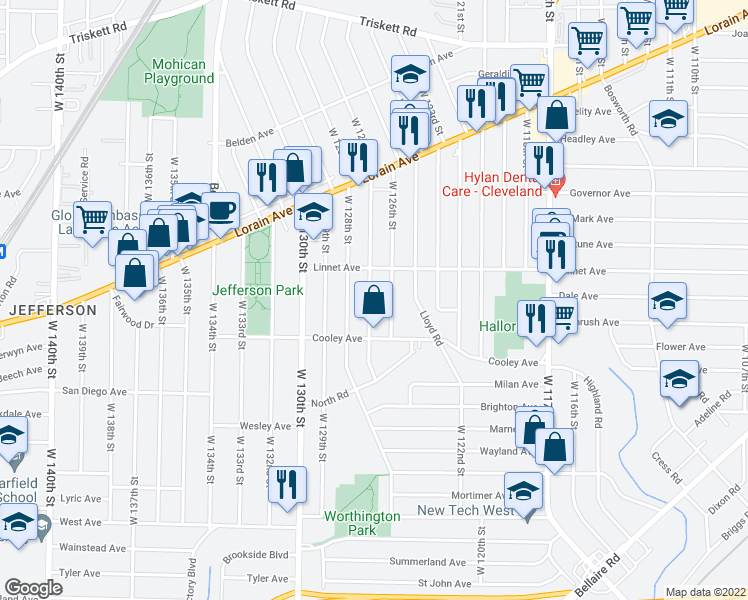 map of restaurants, bars, coffee shops, grocery stores, and more near 3565 West 127th Street in Cleveland