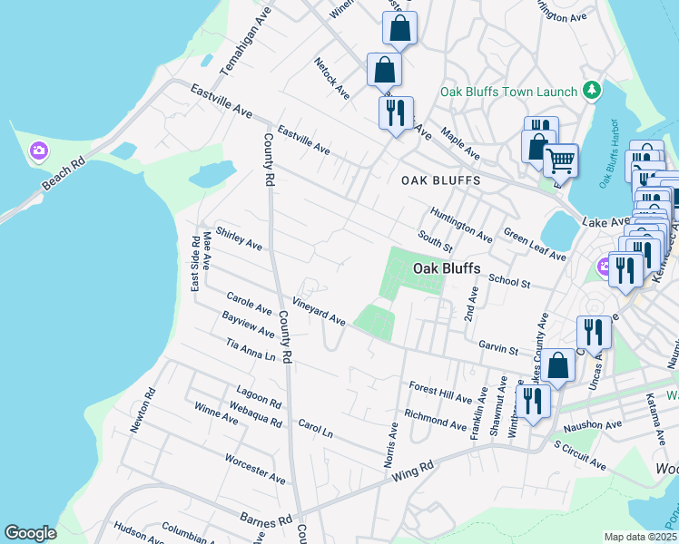 map of restaurants, bars, coffee shops, grocery stores, and more near 15 Stanley Street in Oak Bluffs