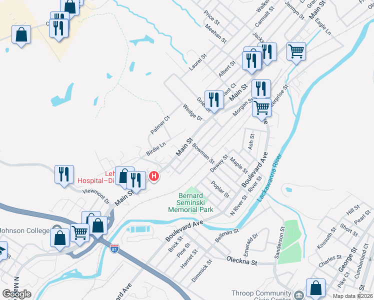 map of restaurants, bars, coffee shops, grocery stores, and more near 434 Main St in Dickson City