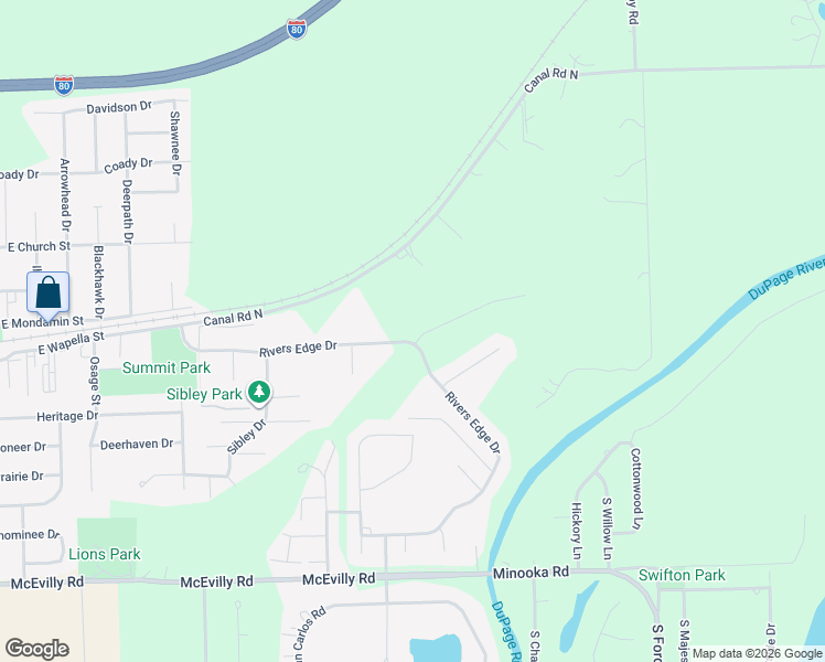 map of restaurants, bars, coffee shops, grocery stores, and more near 99 Northfield Drive in Minooka