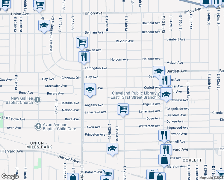 map of restaurants, bars, coffee shops, grocery stores, and more near 12016 Corlett Avenue in Cleveland