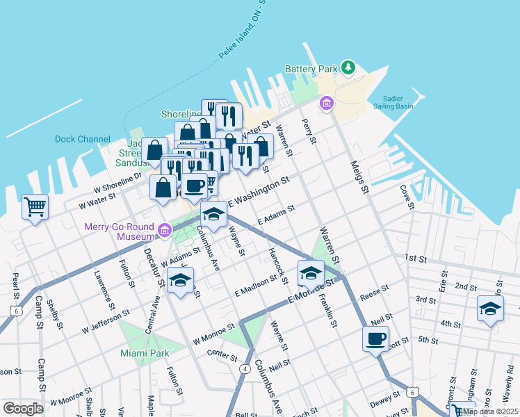map of restaurants, bars, coffee shops, grocery stores, and more near 322 Hancock St in Sandusky