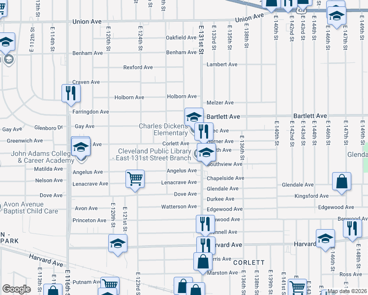 map of restaurants, bars, coffee shops, grocery stores, and more near 12820 Corlett Avenue in Cleveland