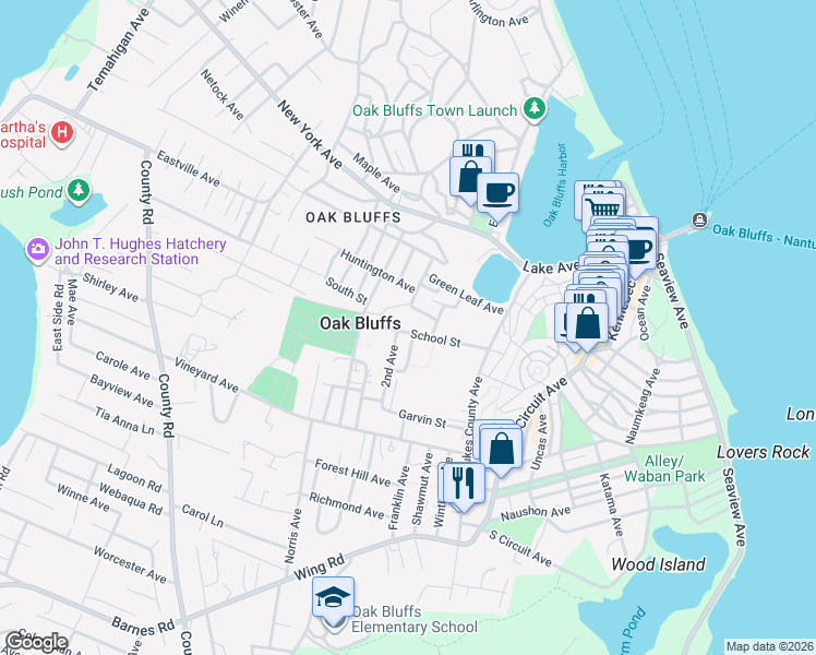 map of restaurants, bars, coffee shops, grocery stores, and more near 41 School House Village in Oak Bluffs