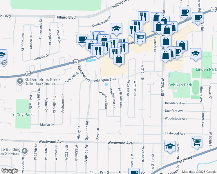 map of restaurants, bars, coffee shops, grocery stores, and more near 3462 Middle Post Lane in Rocky River