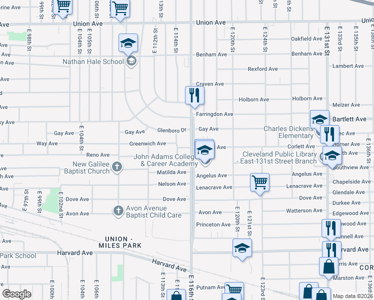 map of restaurants, bars, coffee shops, grocery stores, and more near 3788 Martin Luther King Junior Drive in Cleveland