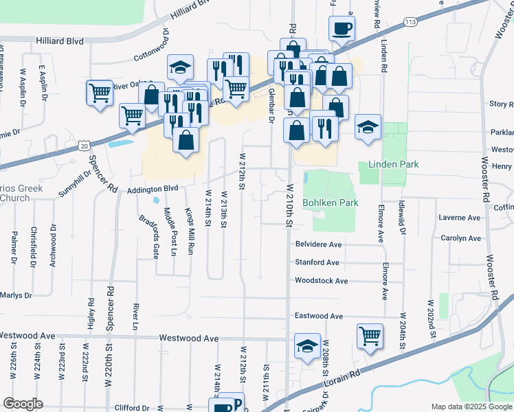 map of restaurants, bars, coffee shops, grocery stores, and more near 3830 Circlewood Drive in Fairview Park