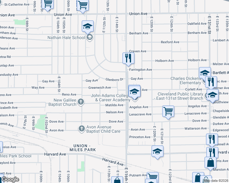 map of restaurants, bars, coffee shops, grocery stores, and more near 3792 East 114th Street in Cleveland