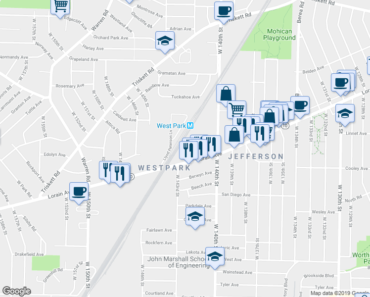 map of restaurants, bars, coffee shops, grocery stores, and more near 14300 Lorain Avenue in Cleveland