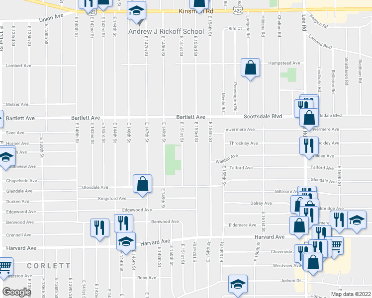 map of restaurants, bars, coffee shops, grocery stores, and more near 3819 East 151st Street in Cleveland