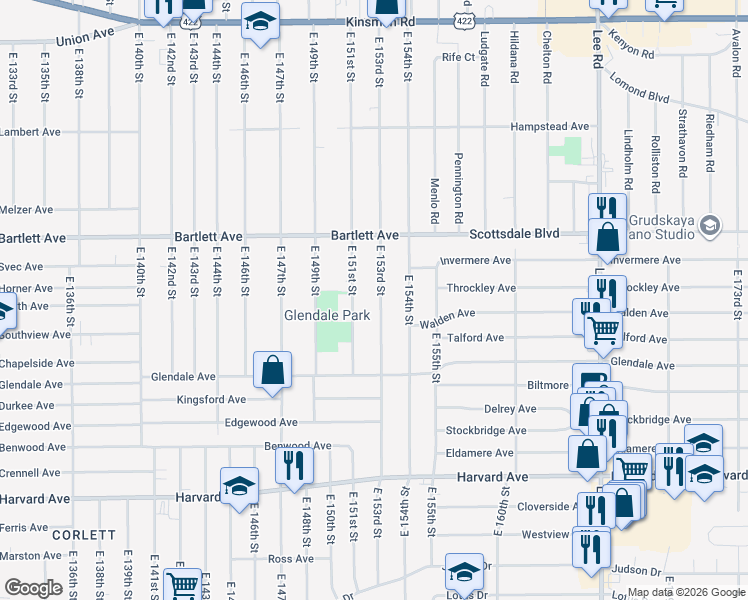 map of restaurants, bars, coffee shops, grocery stores, and more near 3820 East 153rd Street in Cleveland