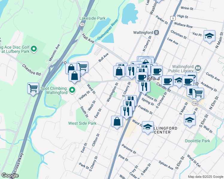 map of restaurants, bars, coffee shops, grocery stores, and more near 58 Washington Street in Wallingford