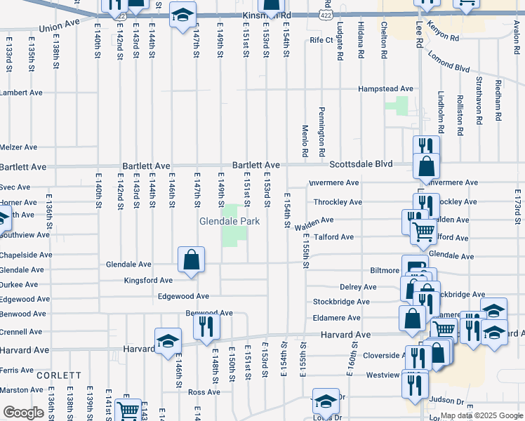map of restaurants, bars, coffee shops, grocery stores, and more near 3820 East 153rd Street in Cleveland