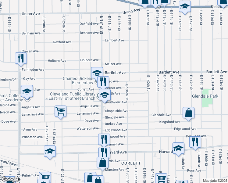 map of restaurants, bars, coffee shops, grocery stores, and more near 13307 Coath Avenue in Cleveland