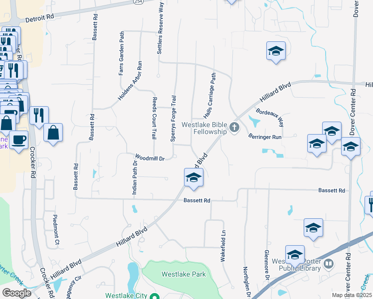 map of restaurants, bars, coffee shops, grocery stores, and more near 1976 Coes Post Run in Westlake