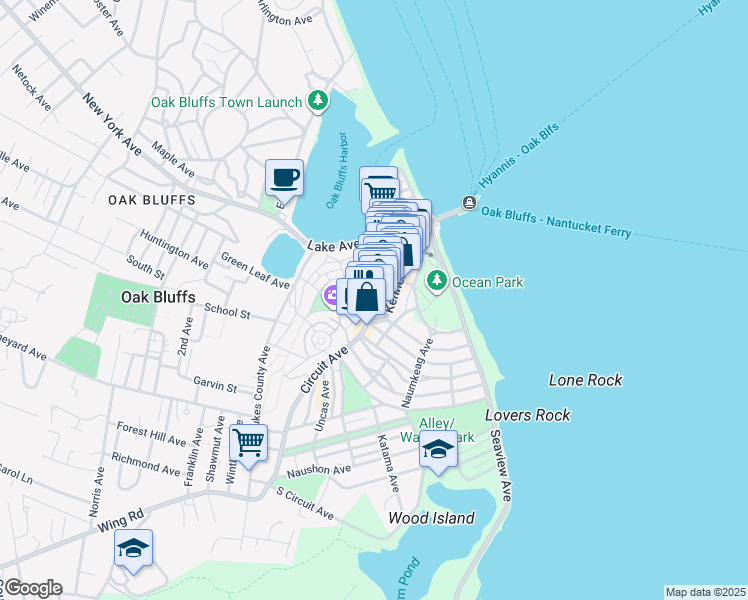 map of restaurants, bars, coffee shops, grocery stores, and more near 39 Circuit Avenue in Oak Bluffs