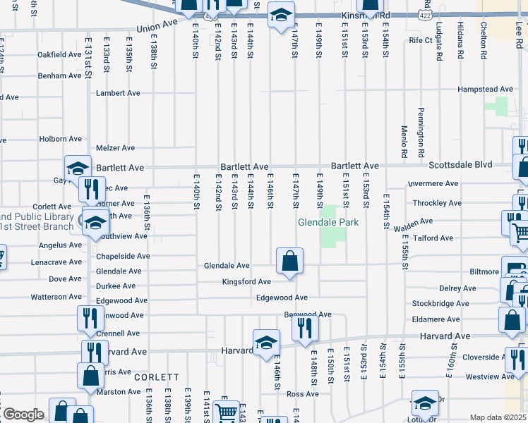 map of restaurants, bars, coffee shops, grocery stores, and more near 3818 East 146th Street in Cleveland