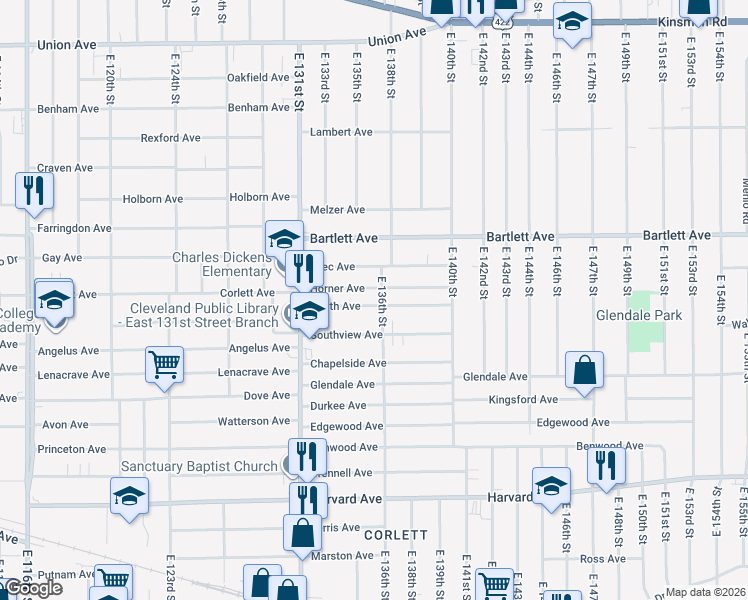 map of restaurants, bars, coffee shops, grocery stores, and more near 13509 Coath Ave in Cleveland