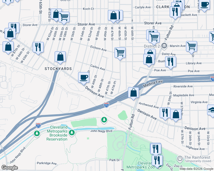 map of restaurants, bars, coffee shops, grocery stores, and more near 3632 West 47th Street in Cleveland