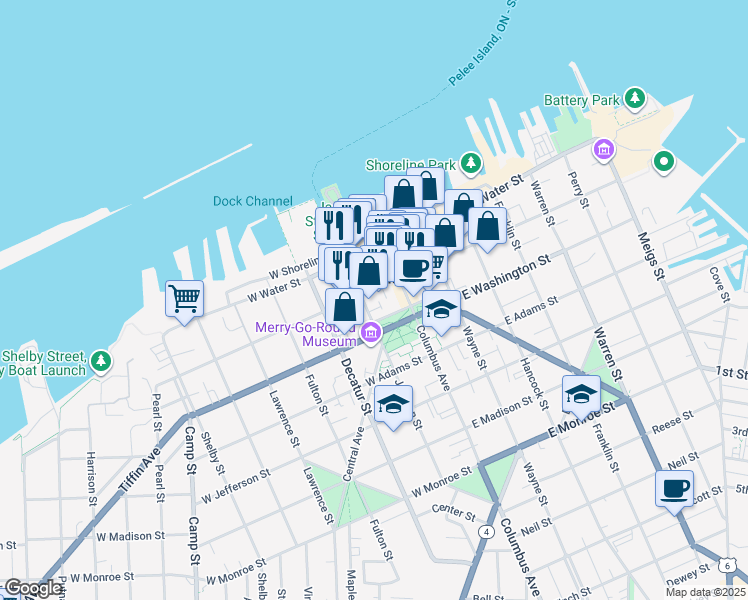 map of restaurants, bars, coffee shops, grocery stores, and more near 220 West Market Street in Sandusky