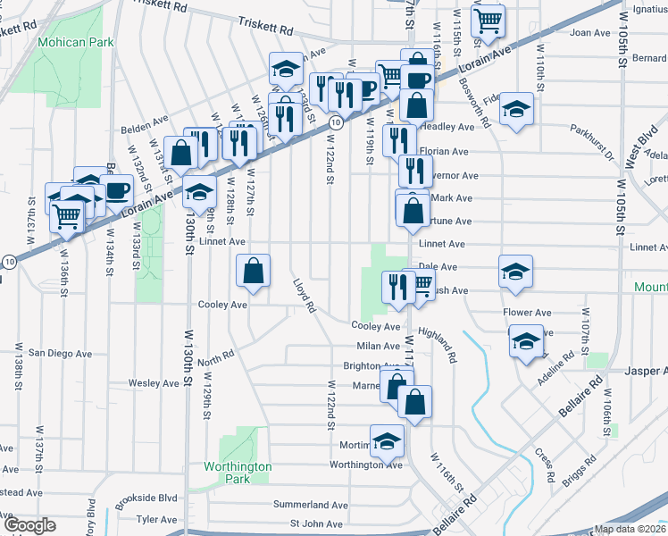 map of restaurants, bars, coffee shops, grocery stores, and more near 3579 West 122nd Street in Cleveland