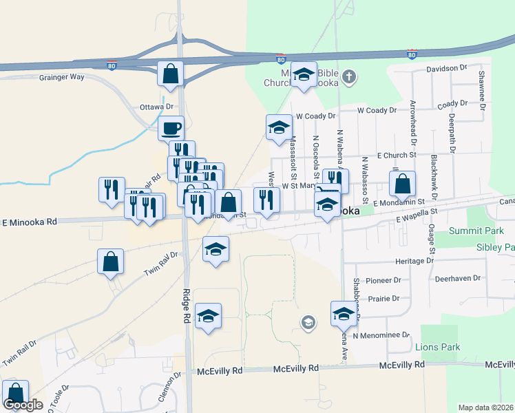 map of restaurants, bars, coffee shops, grocery stores, and more near 405 West Mondamin Street in Minooka