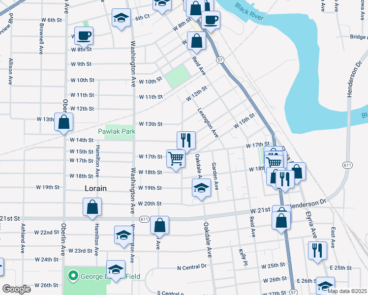 map of restaurants, bars, coffee shops, grocery stores, and more near 1421 Long Avenue in Lorain