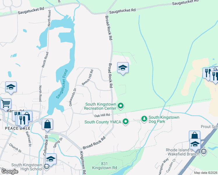 map of restaurants, bars, coffee shops, grocery stores, and more near 322 Broad Rock Road in South Kingstown