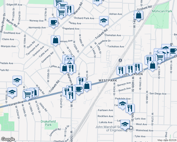 map of restaurants, bars, coffee shops, grocery stores, and more near 3581 West 147th Street in Cleveland