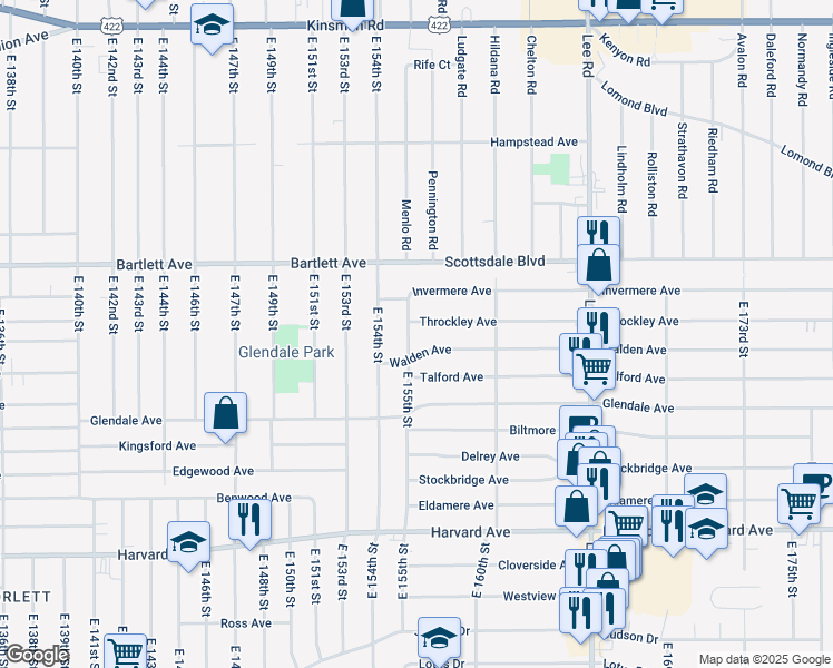 map of restaurants, bars, coffee shops, grocery stores, and more near 3821 East 155th Street in Cleveland