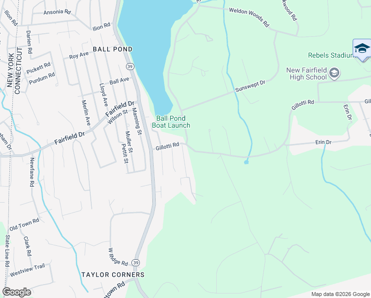 map of restaurants, bars, coffee shops, grocery stores, and more near 2 Frisbie Street in New Fairfield