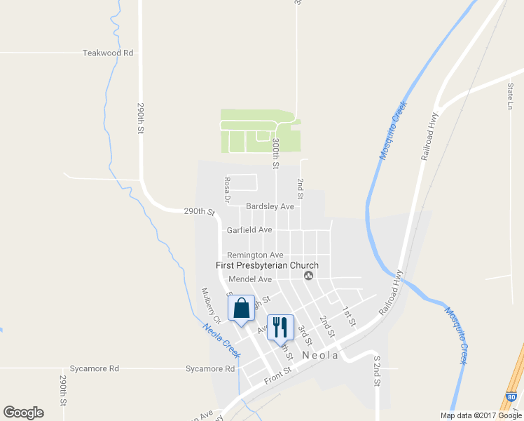 map of restaurants, bars, coffee shops, grocery stores, and more near 303 Bardsley Avenue in Neola