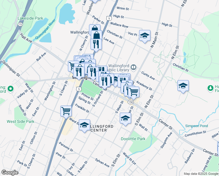 map of restaurants, bars, coffee shops, grocery stores, and more near 184 Center Street in Wallingford