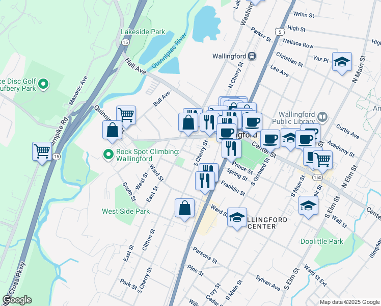 map of restaurants, bars, coffee shops, grocery stores, and more near 13 Judd Square in Wallingford
