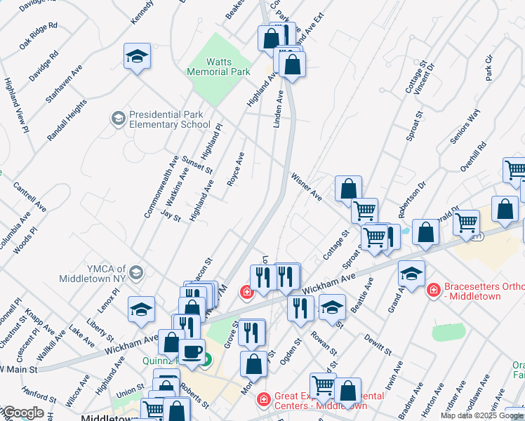 map of restaurants, bars, coffee shops, grocery stores, and more near 150 Linden Avenue in Middletown