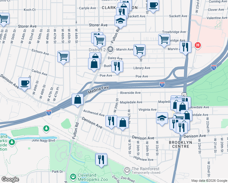 map of restaurants, bars, coffee shops, grocery stores, and more near 3910 Riverside Avenue in Cleveland