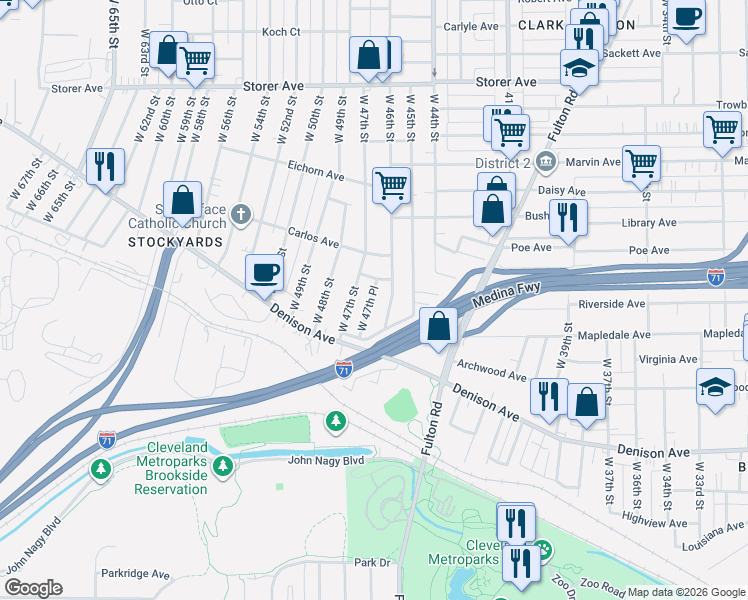 map of restaurants, bars, coffee shops, grocery stores, and more near 3632 West 46th Street in Cleveland
