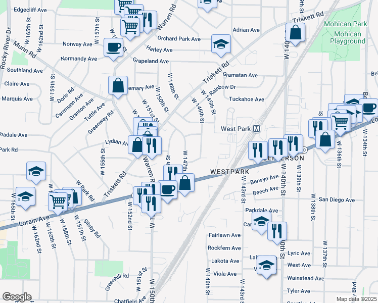 map of restaurants, bars, coffee shops, grocery stores, and more near 3581 West 147th Street in Cleveland